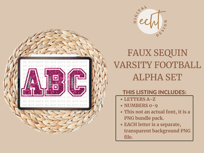 Faux Sequin Varsity Pink Football Alpha Set- Design Element- Digital Download