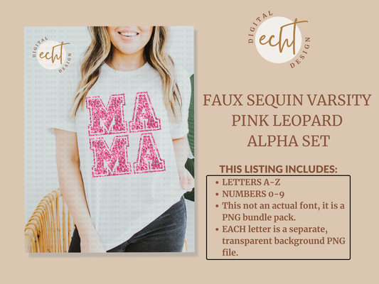 Faux Sequin Varsity Pink Leopard Alpha Set- Design Element- Digital Download