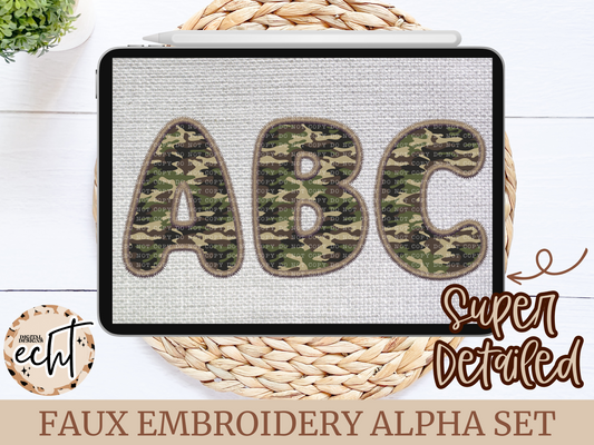 Camo Faux Embroidery Alpha Set- Design Element- Digital Download