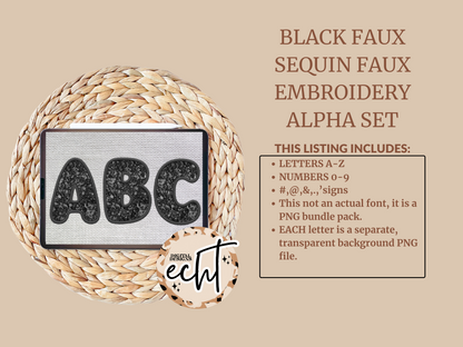 Black Faux Sequin Faux Embroidery Alpha Set- Design Element- Digital Download