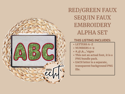 Red/Green Faux Sequin Faux Embroidery Alpha Set- Design Element- Digital Download