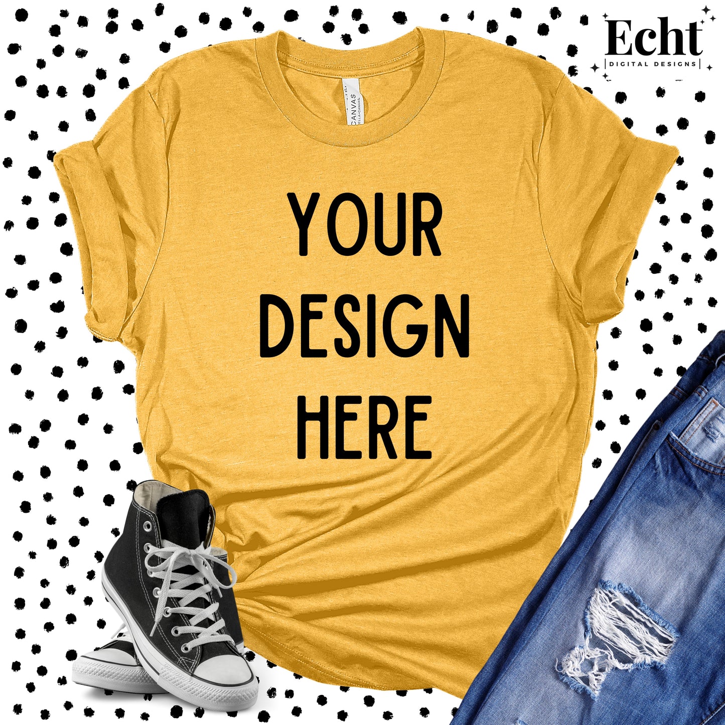 DOTTED HEATHER MUSTARD BELLA CANVAS CVC 3001 MOCKUP