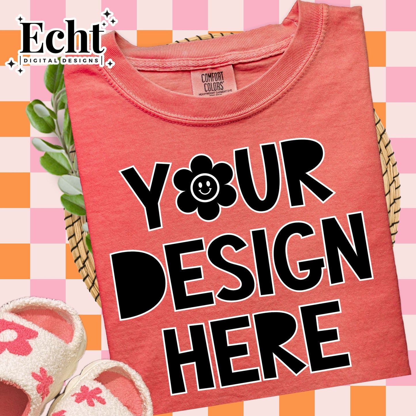 BRIGHT SALMON-CC 1717 TSHIRT MOCKUP- PINK ORANGE CHECKERED