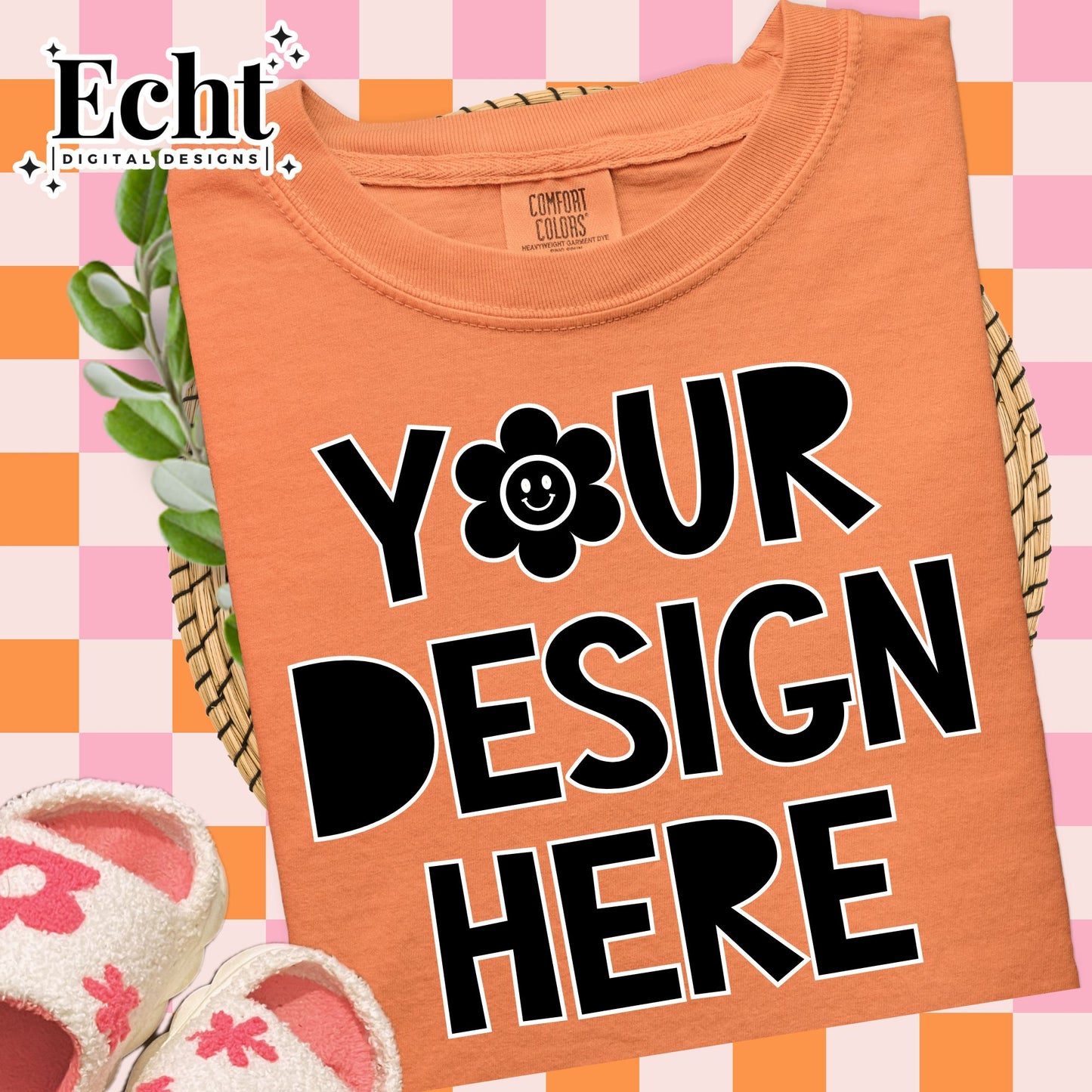 BURNT ORANGE-CC 1717 TSHIRT MOCKUP- PINK ORANGE CHECKERED