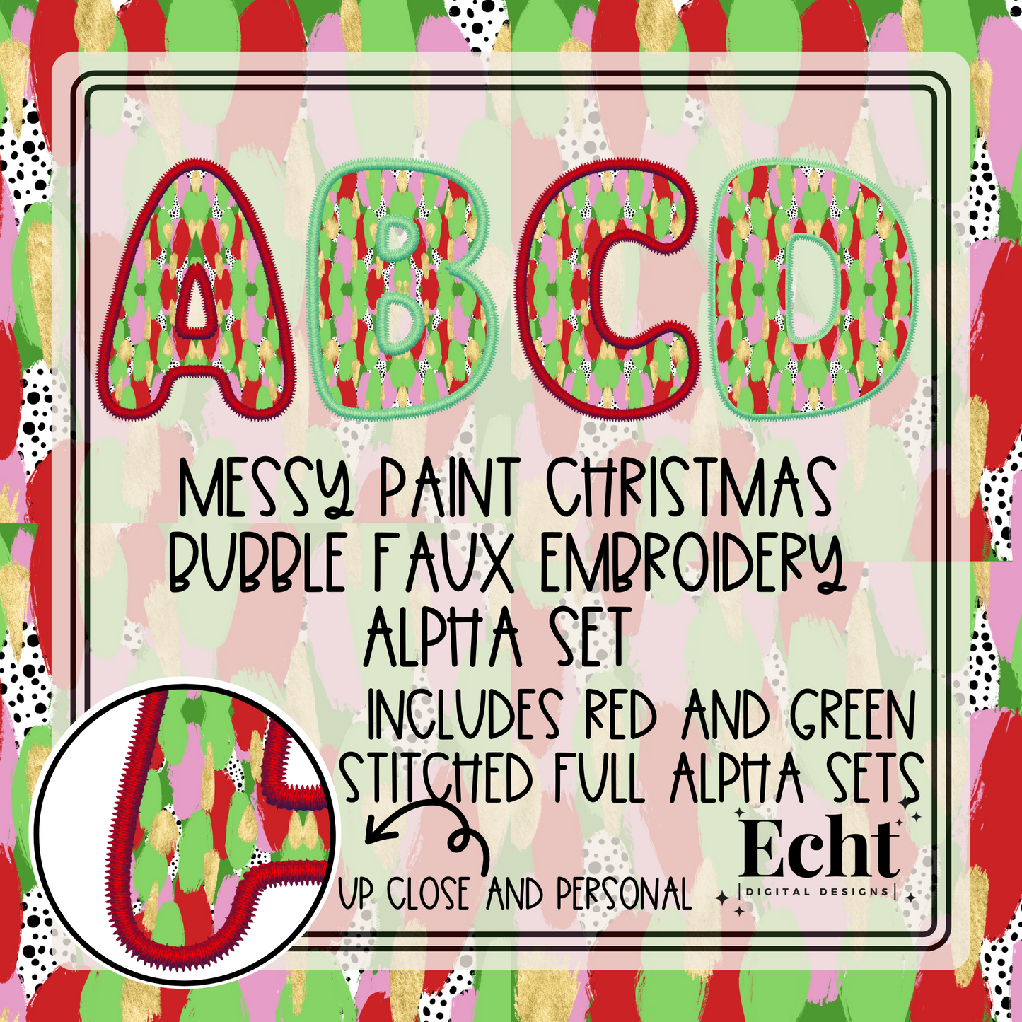 Messy Paint Christmas Bubble Glitter Faux Embroidery Alpha Set- Design Element- Digital Download