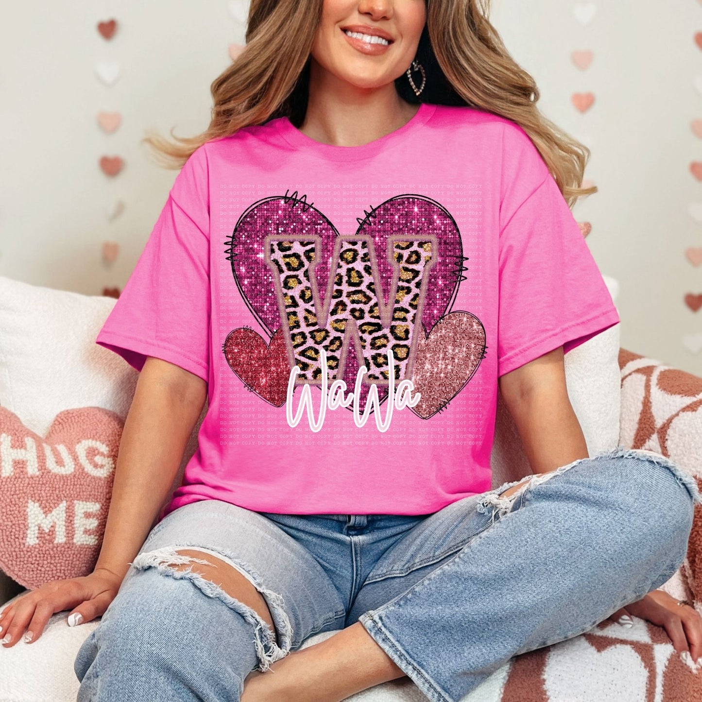 Wawa Pink Leopard Valentine Hearts Faux Sequin Faux Embroidery - PNG File- Digital Download