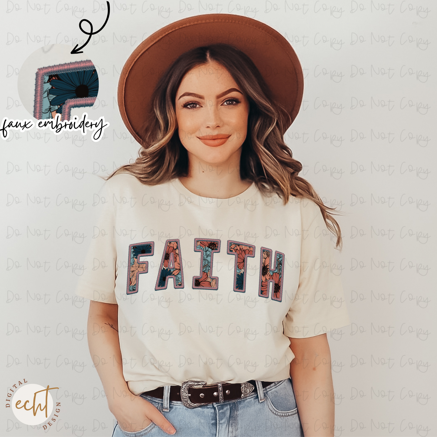 Mauve Floral Faith Faux Embroidery PNG Digital Download