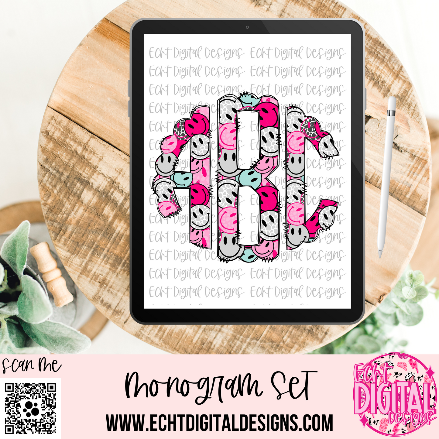 Happy Round Doodle Monogram Set PNG Digital Download