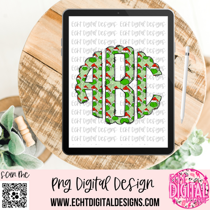 Green Christmas Round Doodle Monogram Set PNG Digital Download