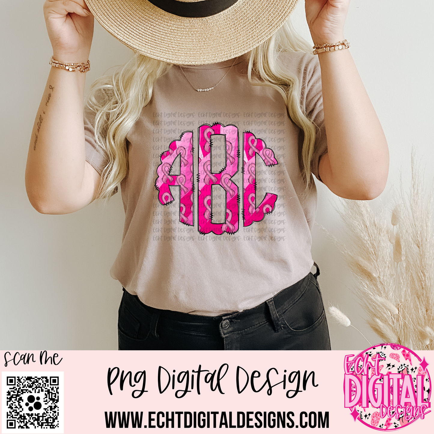 Breast Cancer Round Doodle Monogram Set PNG Digital Download