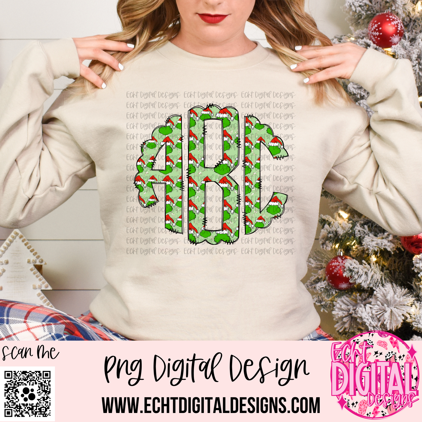 Green Christmas Round Doodle Monogram Set PNG Digital Download